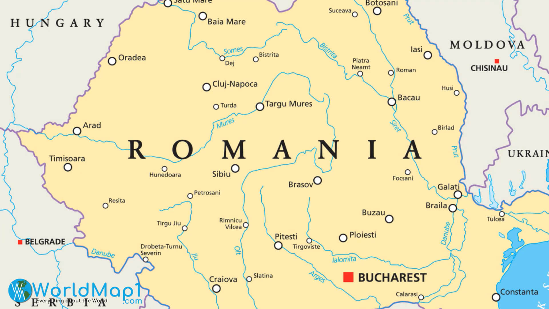 Romanya Şehirleri ve Nehirleri Haritası